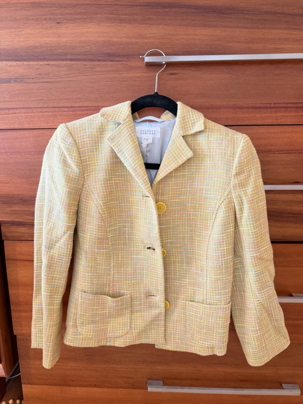 Barneys New York Yellow Tweed Blazer with Pink & Cream Accents